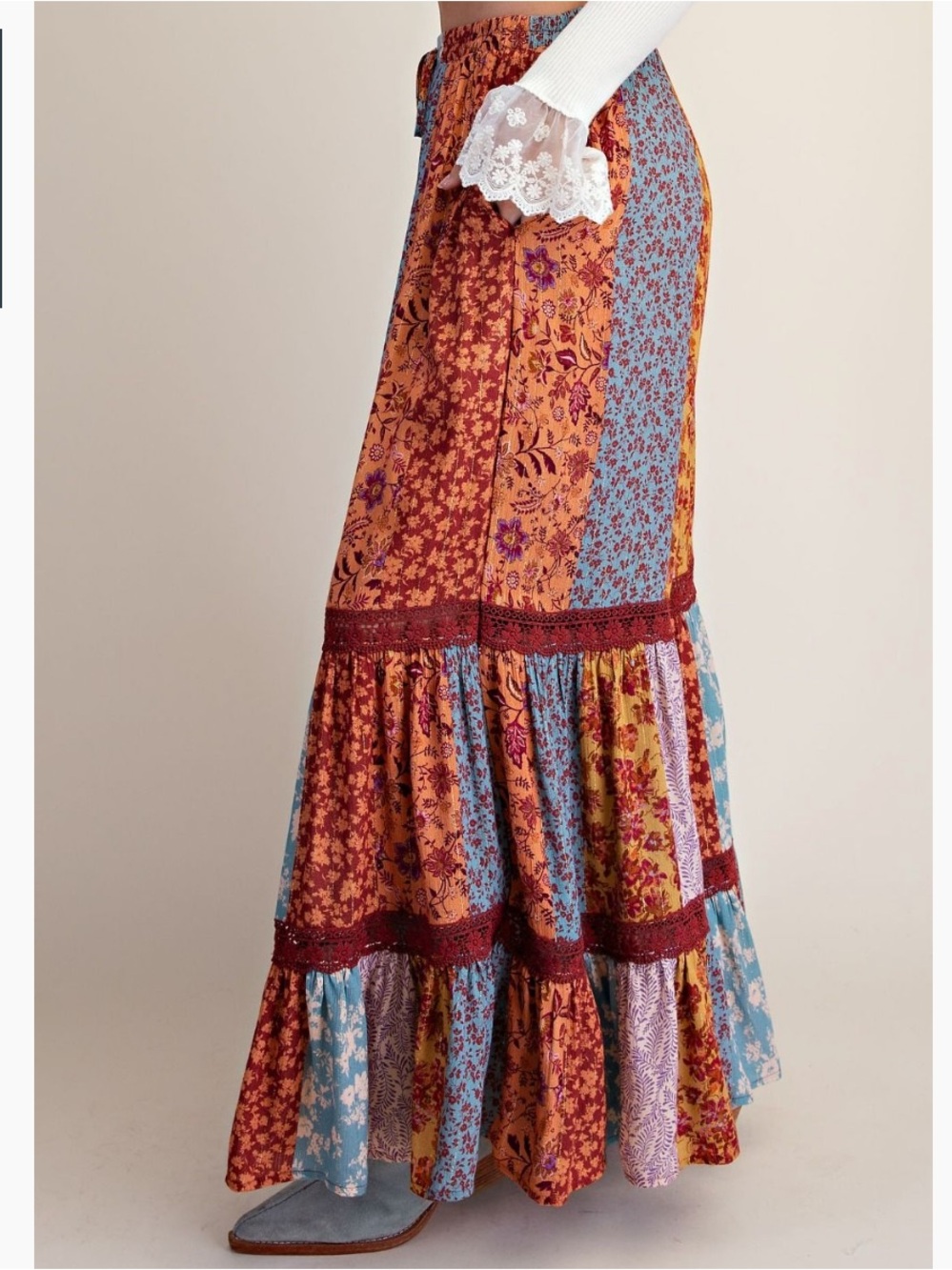 P117 Easel Rust Patchwork Print Crochet Trim Ruffle Wide Leg Boho Palazzo - Picture 3 of 4